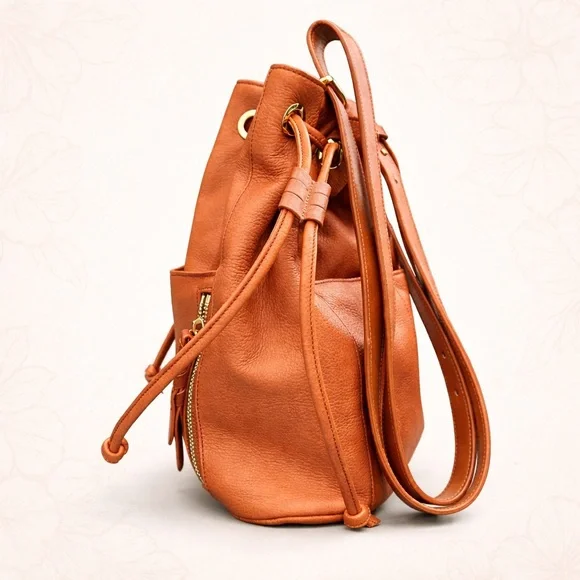 Cole Haan Cognac Pebbled Leather Bucket Bag Drawstring Shoulder Crossbody - Picture 3 of 11
